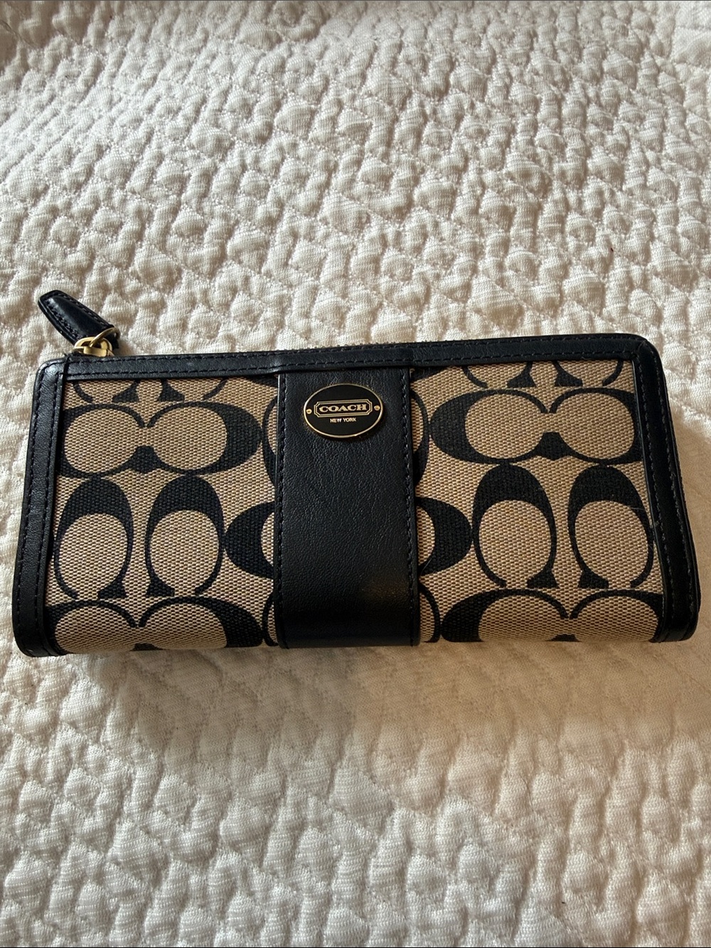 Coach Black and Tan Signature Zip Wallet